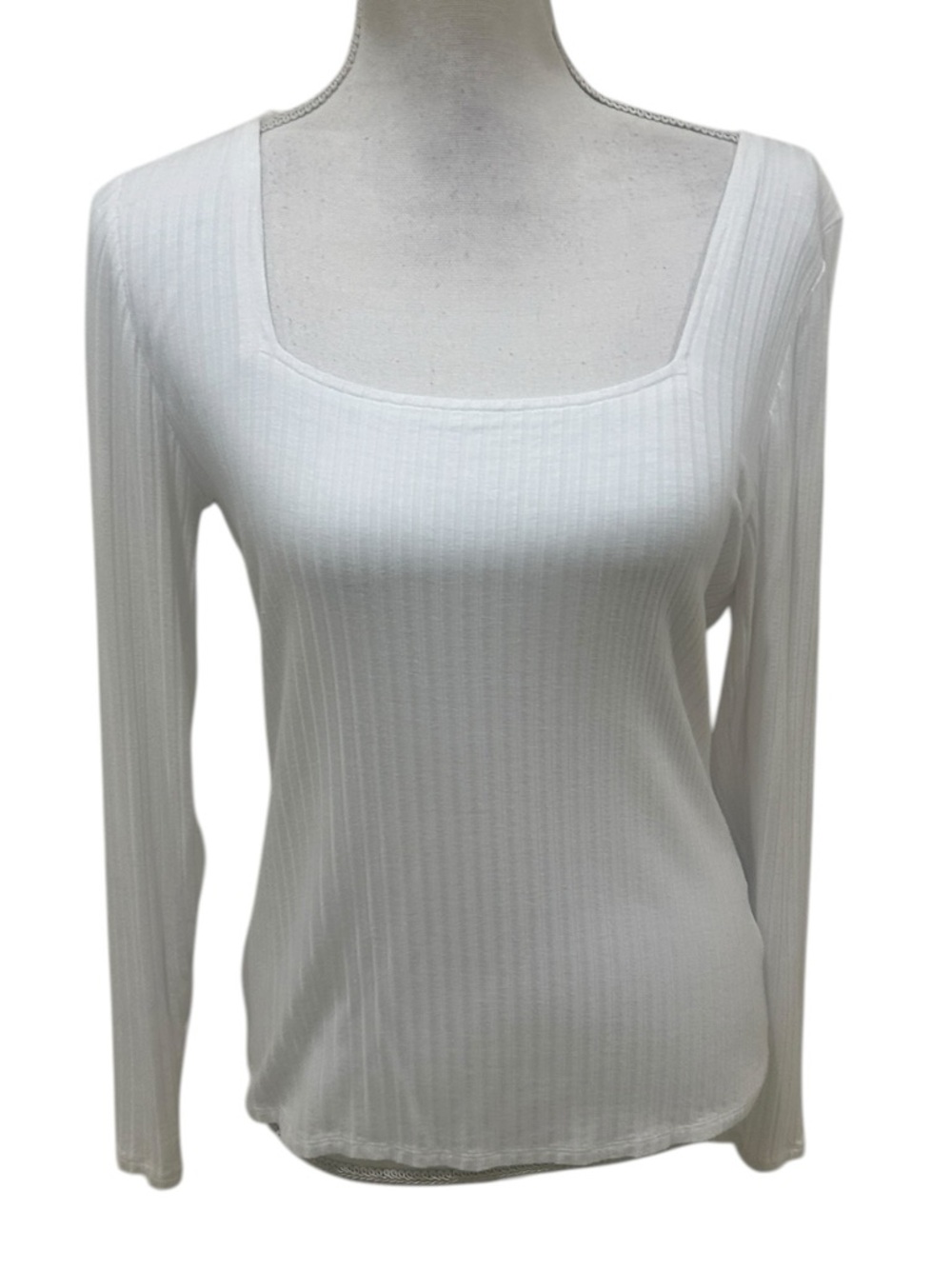 1. State White Ribbed Long-Sleeve Square Neck Top stretch rayon size medium
